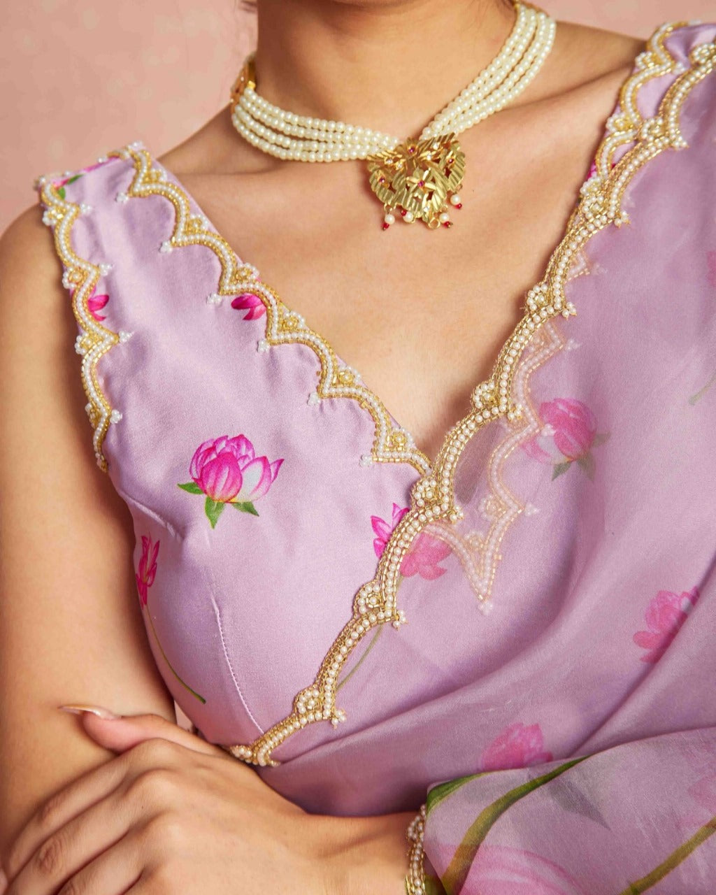 Floral Organza Ready to Wear Saree with Scalloped Border