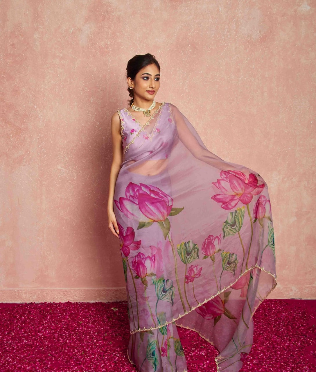 Floral Organza Ready to Wear Saree with Scalloped Border