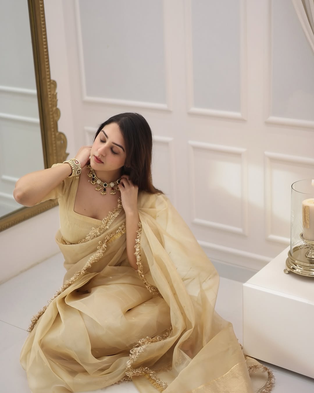 Elegant Champagne Gold Ready to Wear Organza Saree - Festive Wear