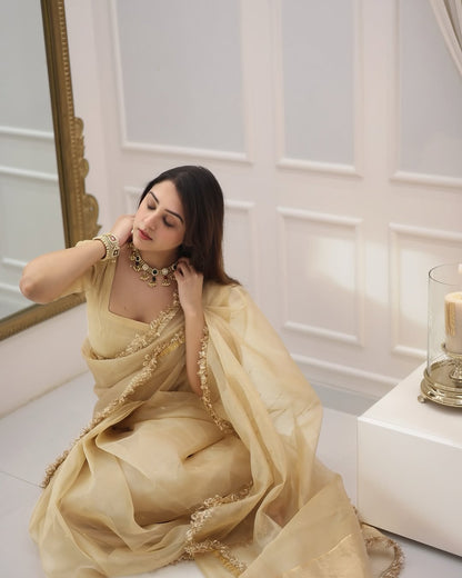 Elegant Champagne Gold Ready to Wear Organza Saree - Festive Wear