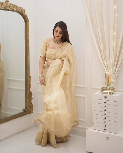 Elegant Champagne Gold Ready to Wear Organza Saree - Festive Wear