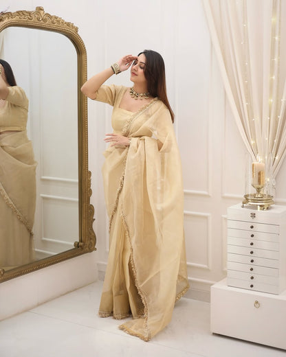Elegant Champagne Gold Ready to Wear Organza Saree - Festive Wear