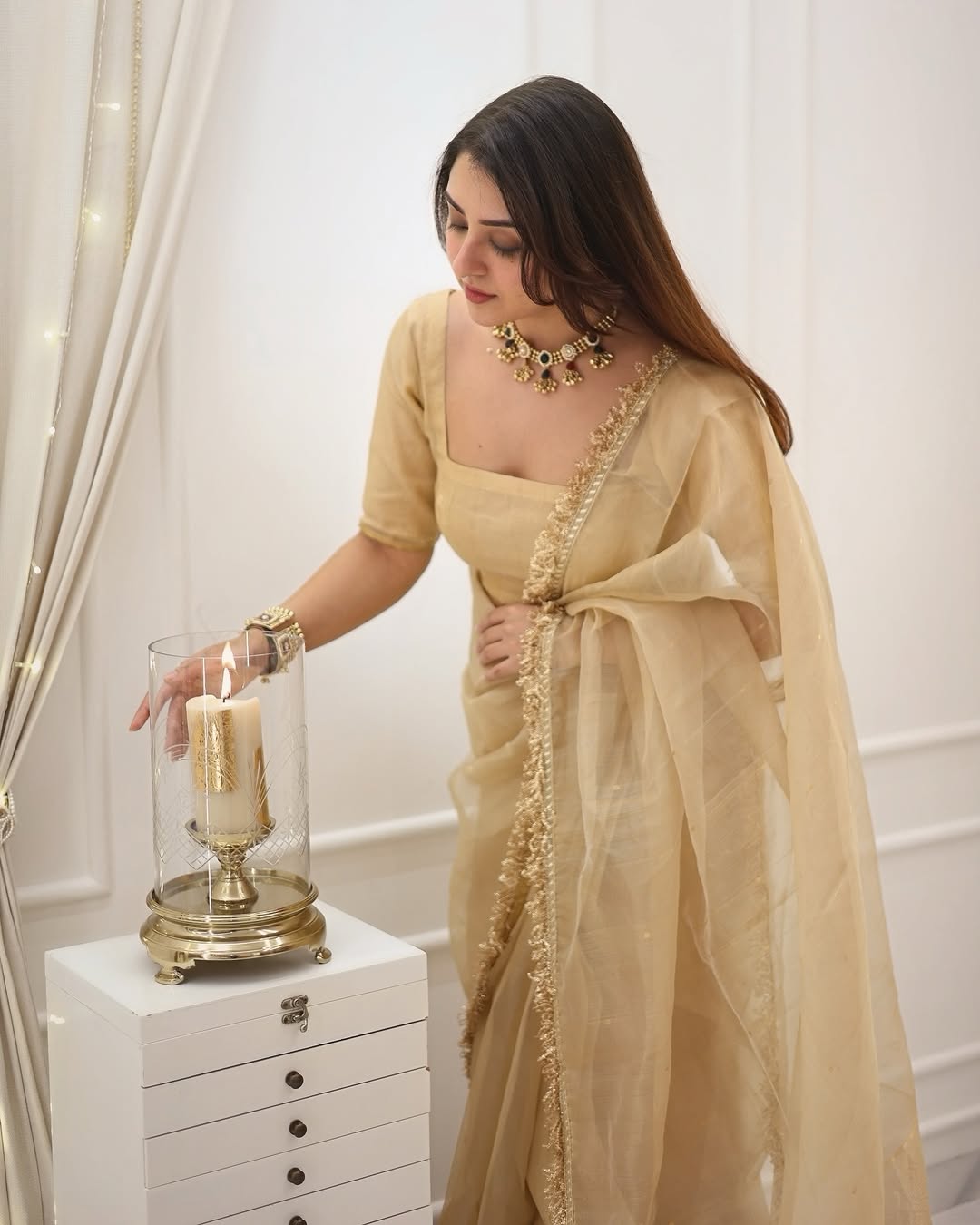 Elegant Champagne Gold Ready to Wear Organza Saree - Festive Wear