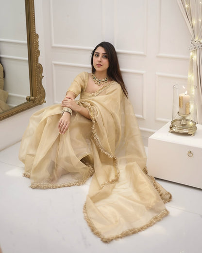 Elegant Champagne Gold Ready to Wear Organza Saree - Festive Wear