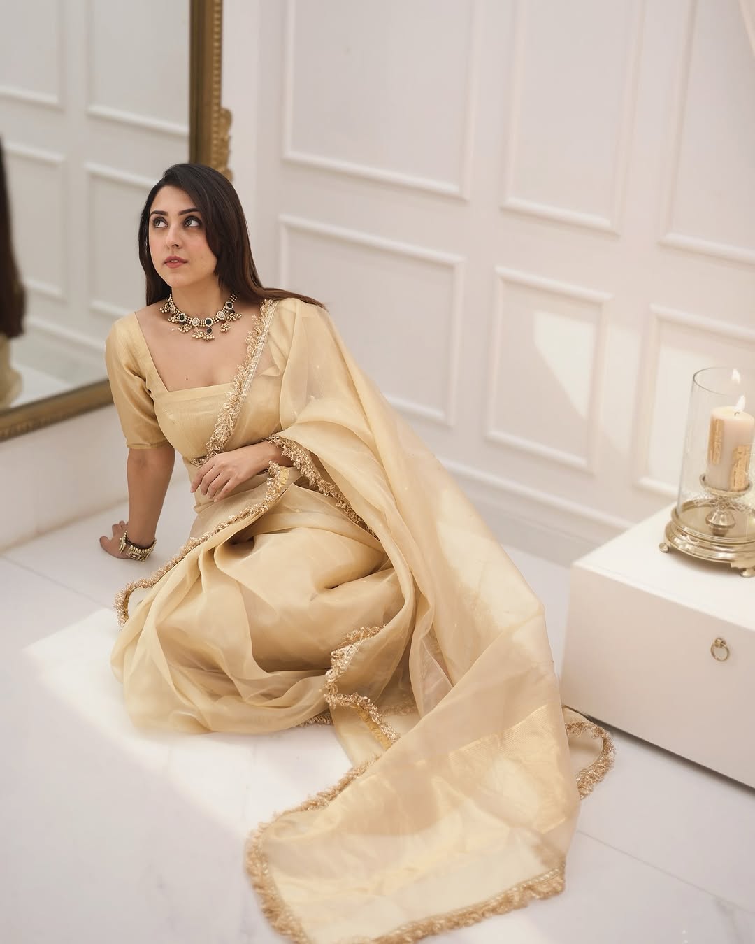 Elegant Champagne Gold Ready to Wear Organza Saree - Festive Wear