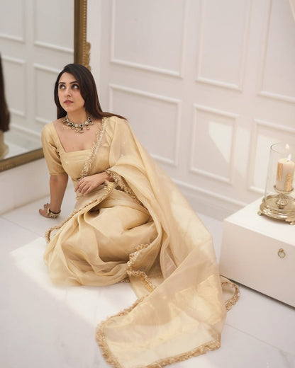 Elegant Champagne Gold Ready to Wear Organza Saree - Festive Wear