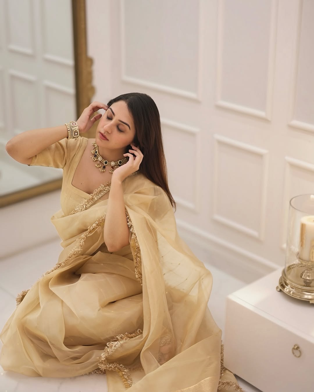 Elegant Champagne Gold Ready to Wear Organza Saree - Festive Wear