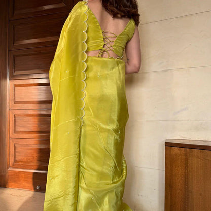 Lime Yellow Silk Organza Ready to Wear Saree with Pearl Scallop Border