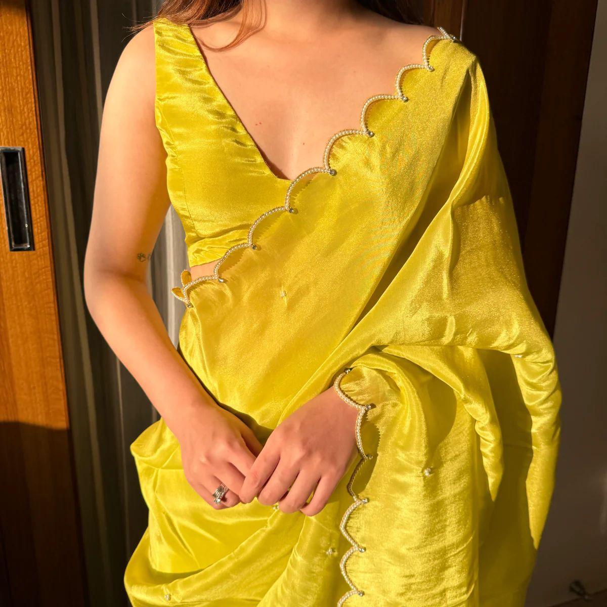 Lime Yellow Silk Organza Ready to Wear Saree with Pearl Scallop Border
