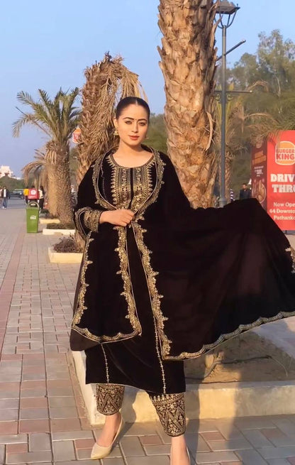 Velvet Salwar Suit Party Wear with Embroidery & Cutwork Dupatta