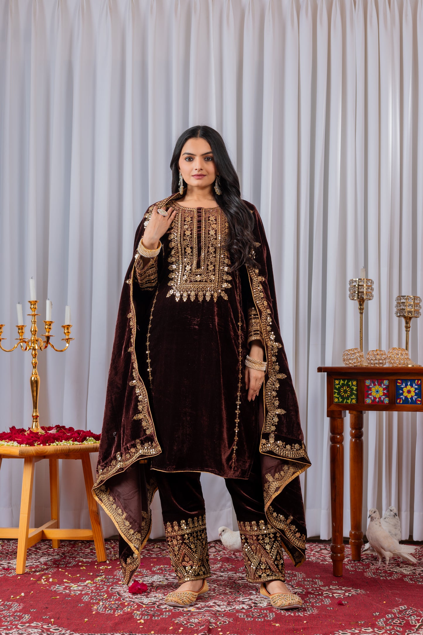 Velvet Salwar Suit Party Wear with Embroidery & Cutwork Dupatta
