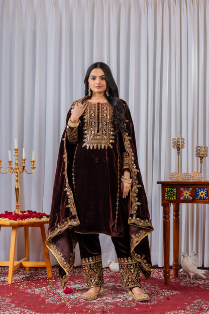Velvet Salwar Suit Party Wear with Embroidery & Cutwork Dupatta