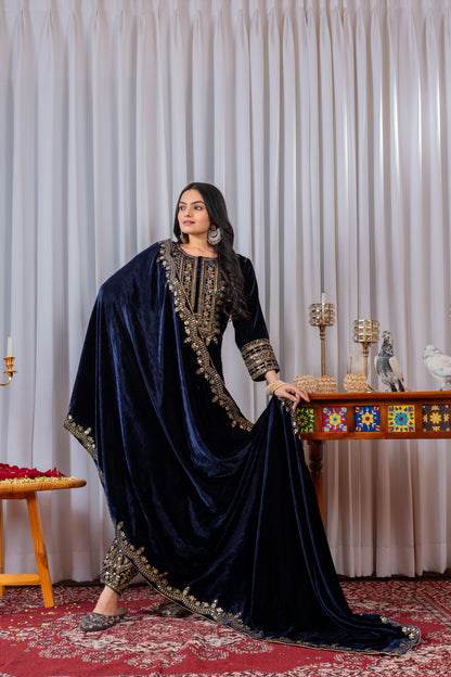 Velvet Salwar Suit Party Wear with Embroidery & Cutwork Dupatta
