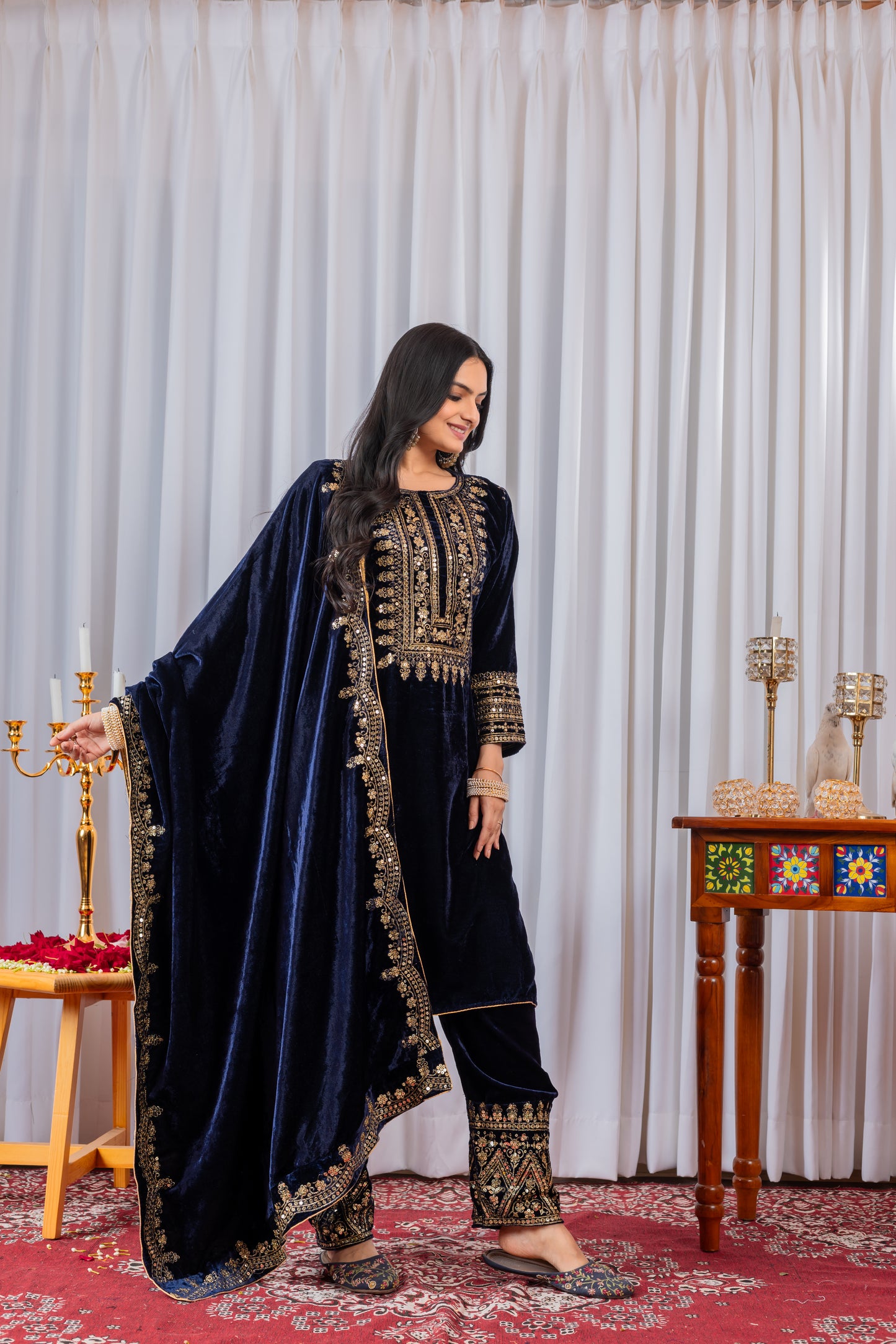Velvet Salwar Suit Party Wear with Embroidery & Cutwork Dupatta