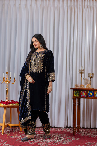 Velvet Salwar Suit Party Wear with Embroidery & Cutwork Dupatta