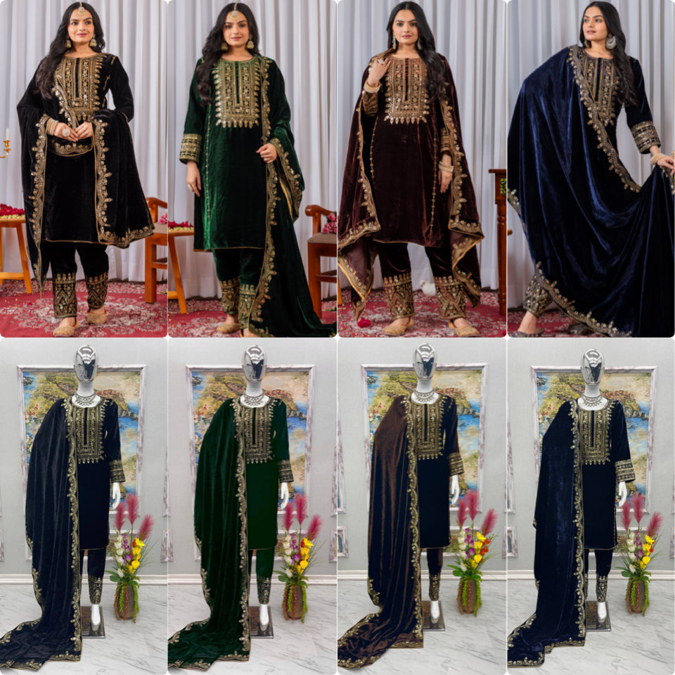 Velvet Salwar Suit Party Wear with Embroidery & Cutwork Dupatta