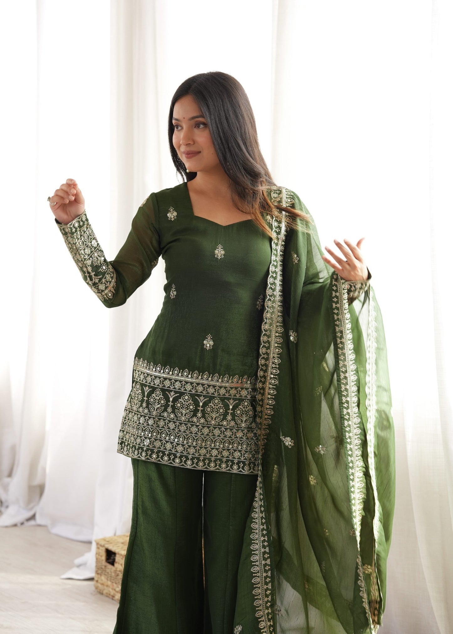 Embroidered Silk Short Kurti with Palazzo Set and Dupatta