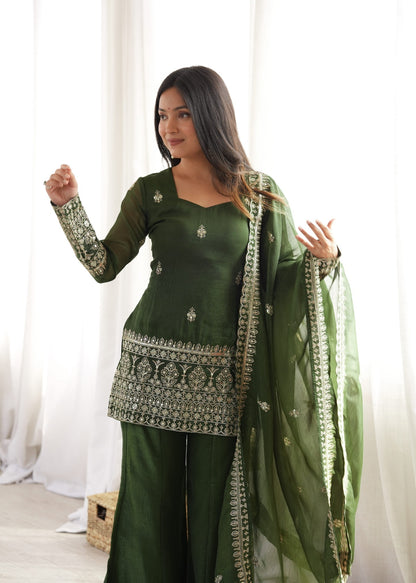 Embroidered Silk Short Kurti with Palazzo Set and Dupatta