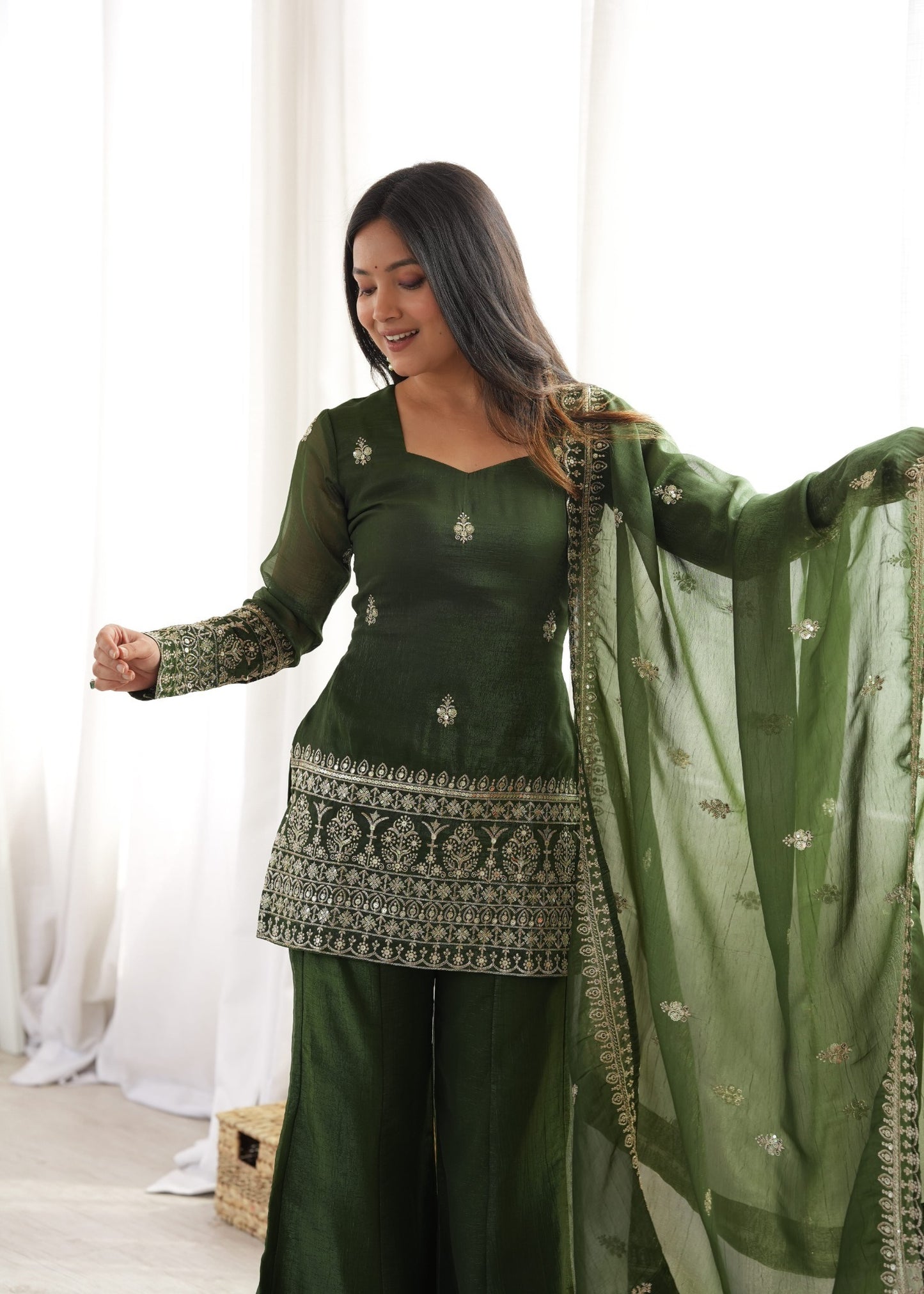 Embroidered Silk Short Kurti with Palazzo Set and Dupatta