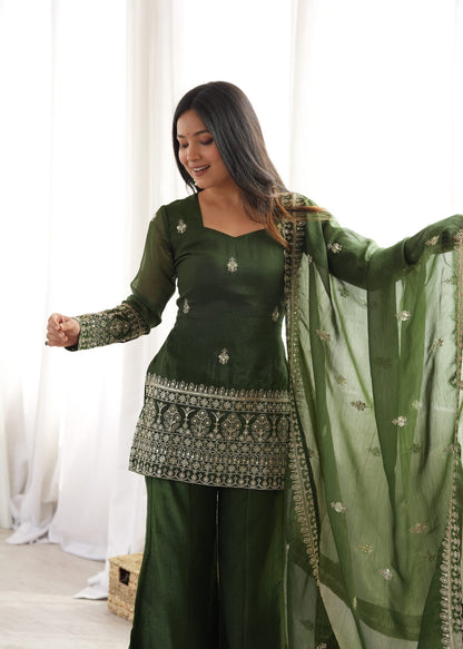 Embroidered Silk Short Kurti with Palazzo Set and Dupatta