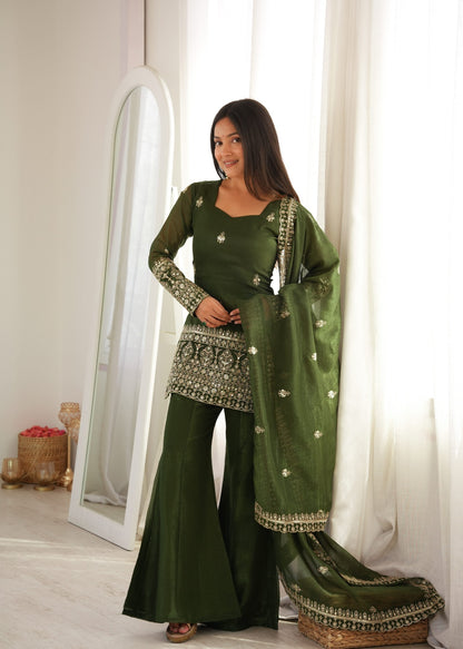 Embroidered Silk Short Kurti with Palazzo Set and Dupatta