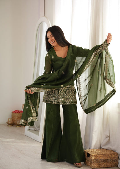 Embroidered Silk Short Kurti with Palazzo Set and Dupatta