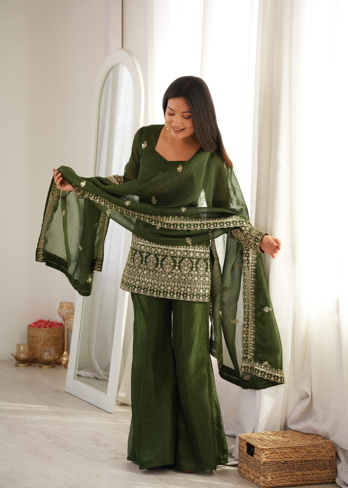 Embroidered Silk Short Kurti with Palazzo Set and Dupatta