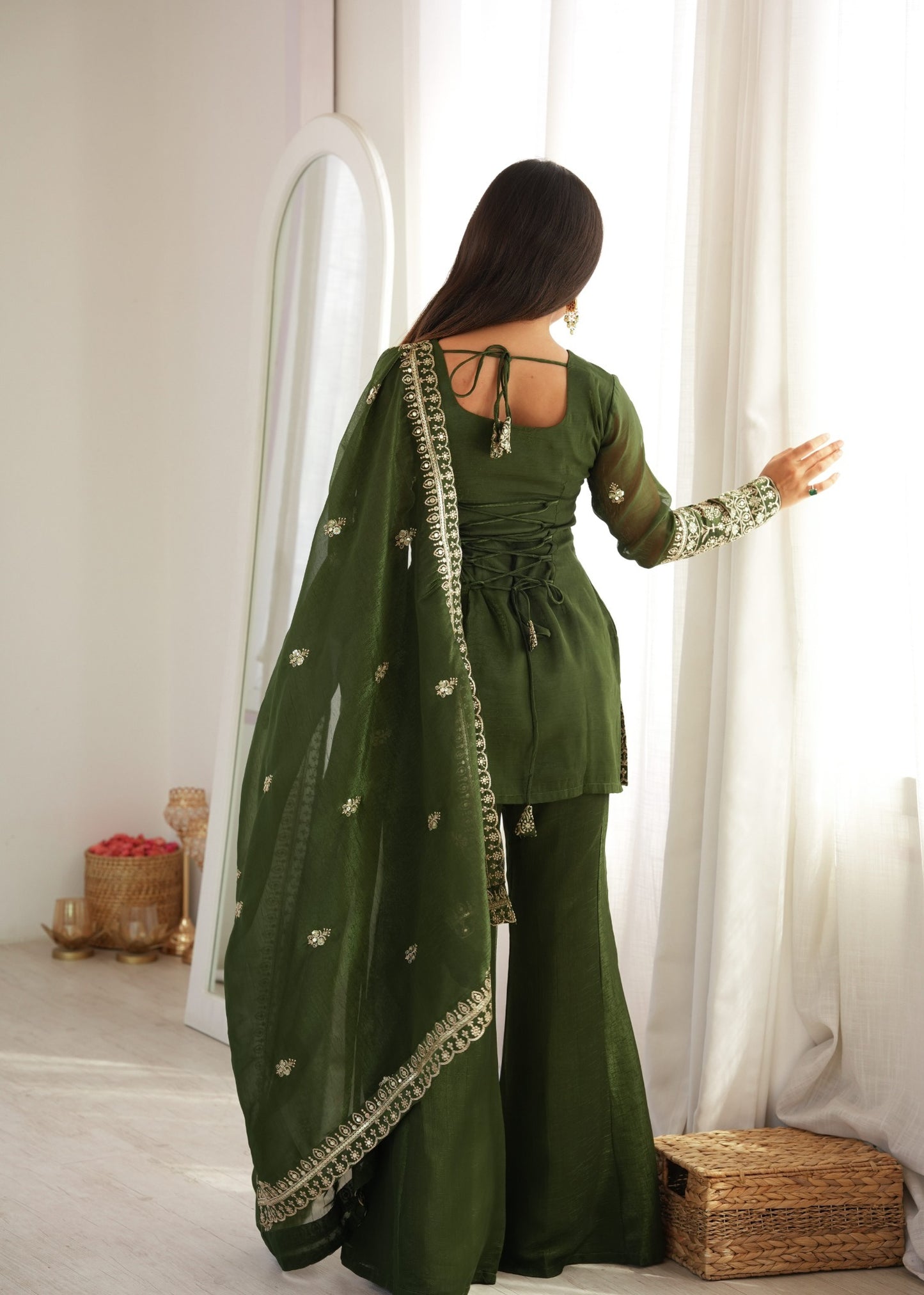 Embroidered Silk Short Kurti with Palazzo Set and Dupatta