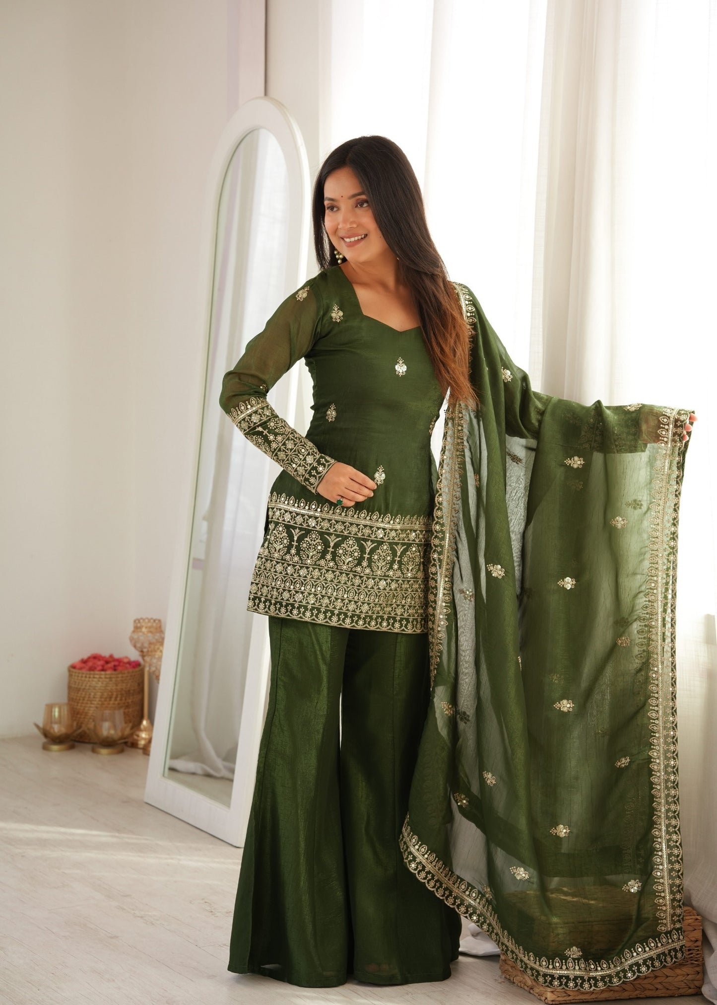 Embroidered Silk Short Kurti with Palazzo Set and Dupatta