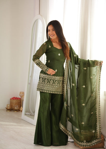 Embroidered Silk Short Kurti with Palazzo Set and Dupatta