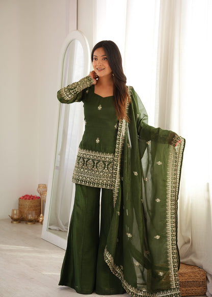 Embroidered Silk Short Kurti with Palazzo Set and Dupatta