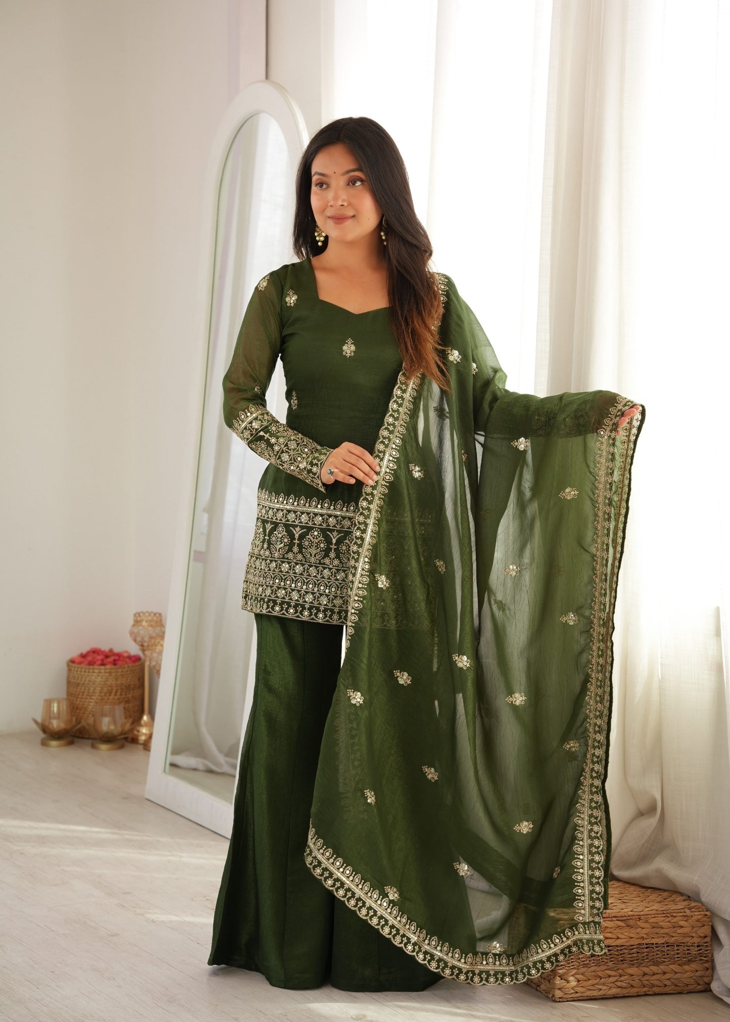 Embroidered Silk Short Kurti with Palazzo Set and Dupatta