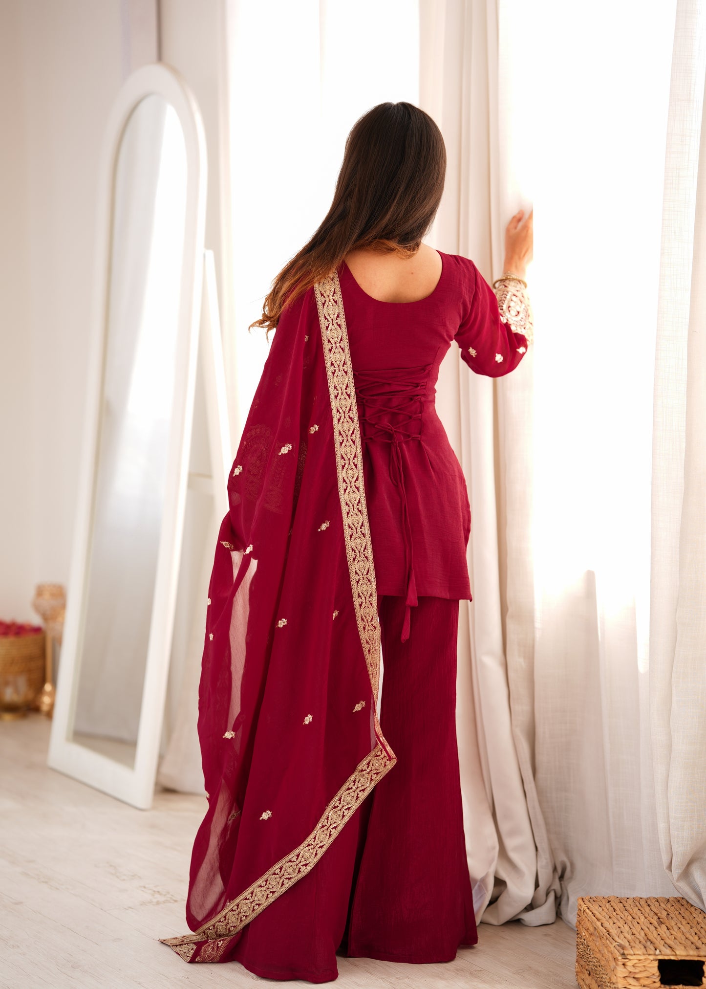 Maroon Embroidered Kurta Palazzo Set with Dupatta