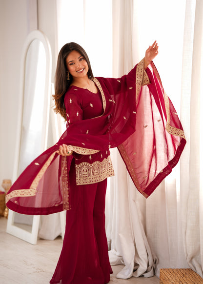 Maroon Embroidered Kurta Palazzo Set with Dupatta