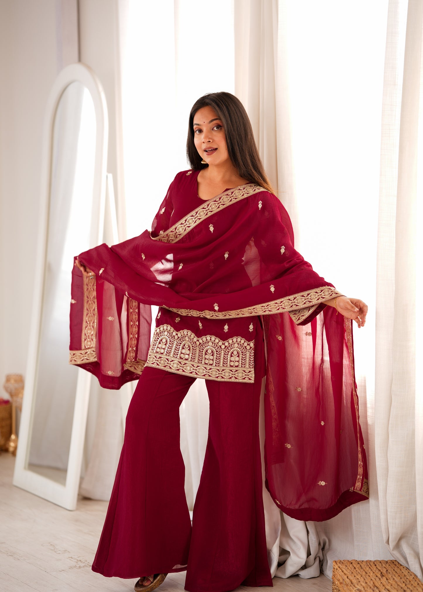 Maroon Embroidered Kurta Palazzo Set with Dupatta