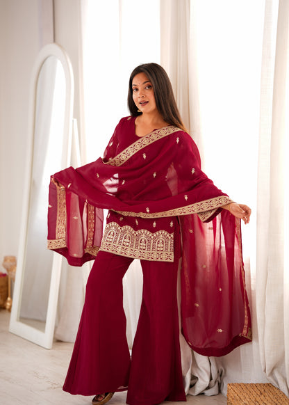 Maroon Embroidered Kurta Palazzo Set with Dupatta
