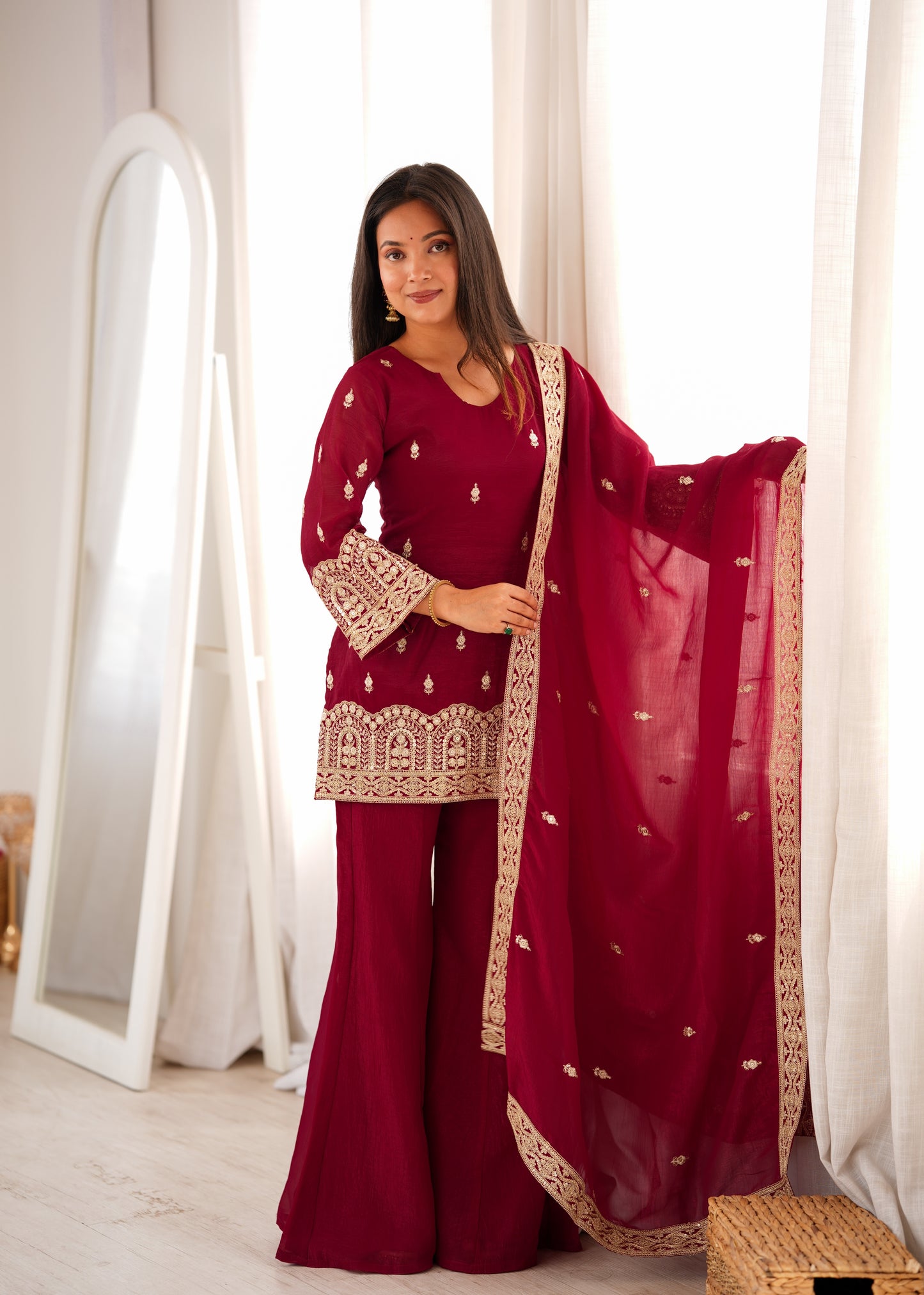 Maroon Embroidered Kurta Palazzo Set with Dupatta