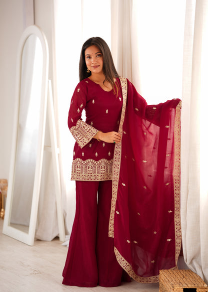 Maroon Embroidered Kurta Palazzo Set with Dupatta