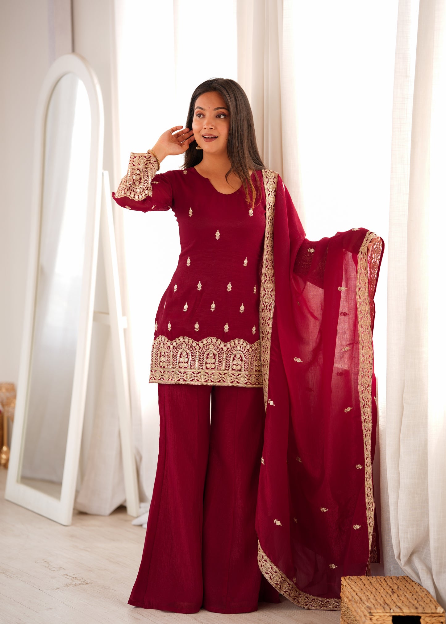 Maroon Embroidered Kurta Palazzo Set with Dupatta