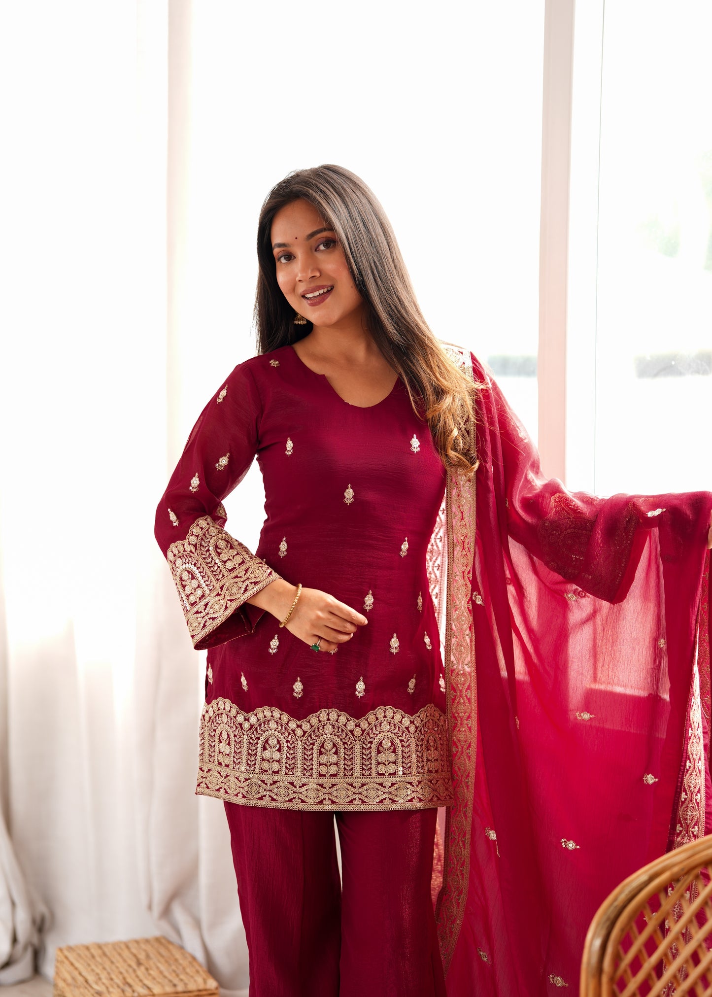 Maroon Embroidered Kurta Palazzo Set with Dupatta