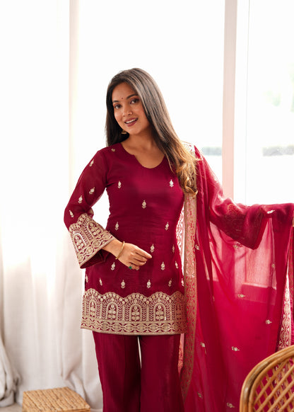 Maroon Embroidered Kurta Palazzo Set with Dupatta
