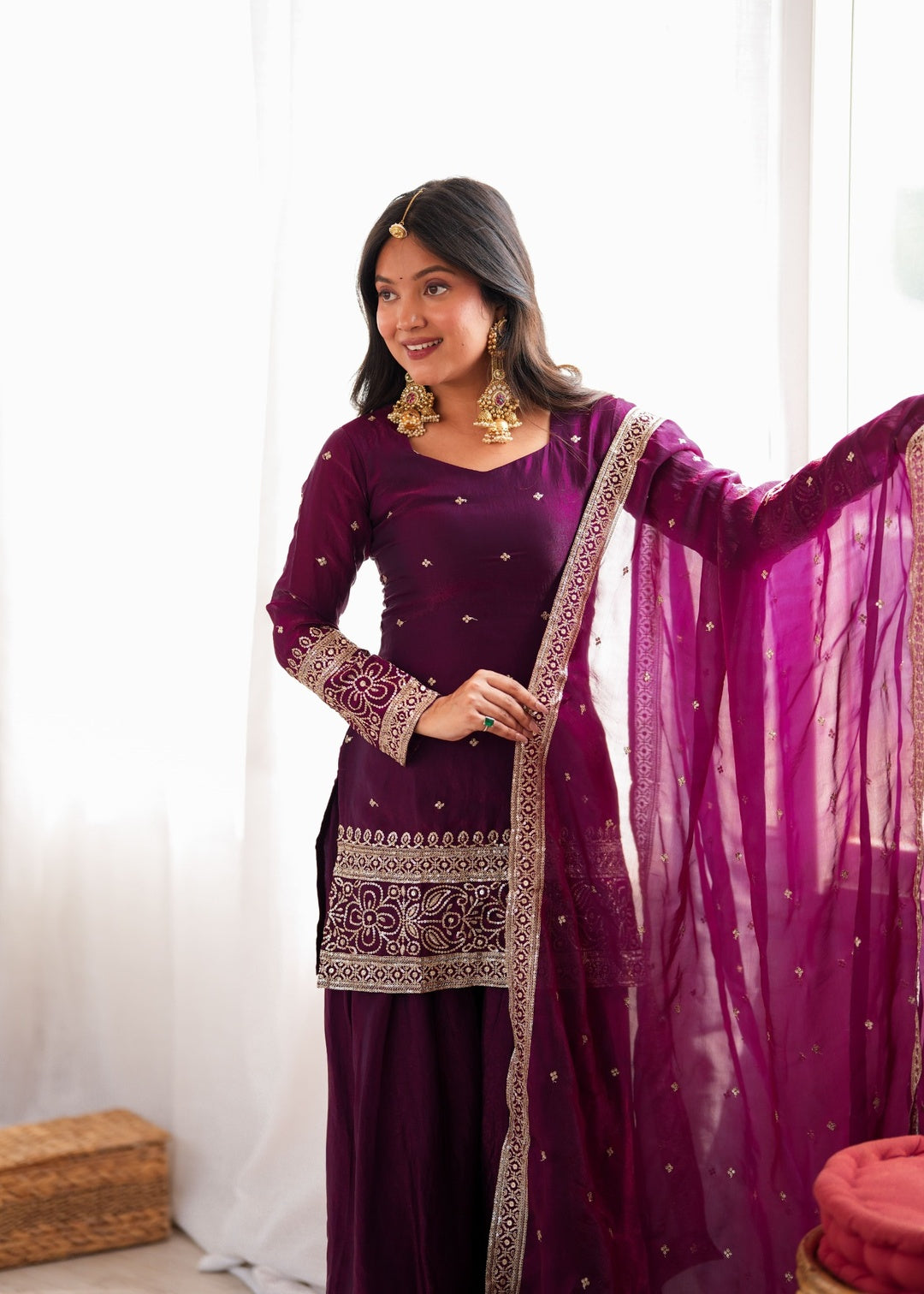 Wine Silk Embroidered Kurta Palazzo Set with Dupatta