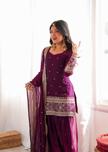 Wine Silk Embroidered Kurta Palazzo Set with Dupatta