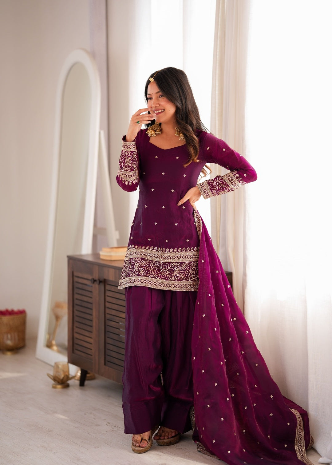 Wine Silk Embroidered Kurta Palazzo Set with Dupatta