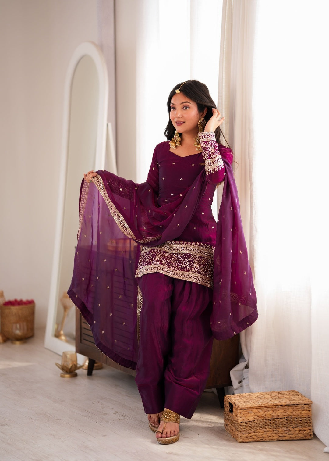 Wine Silk Embroidered Kurta Palazzo Set with Dupatta