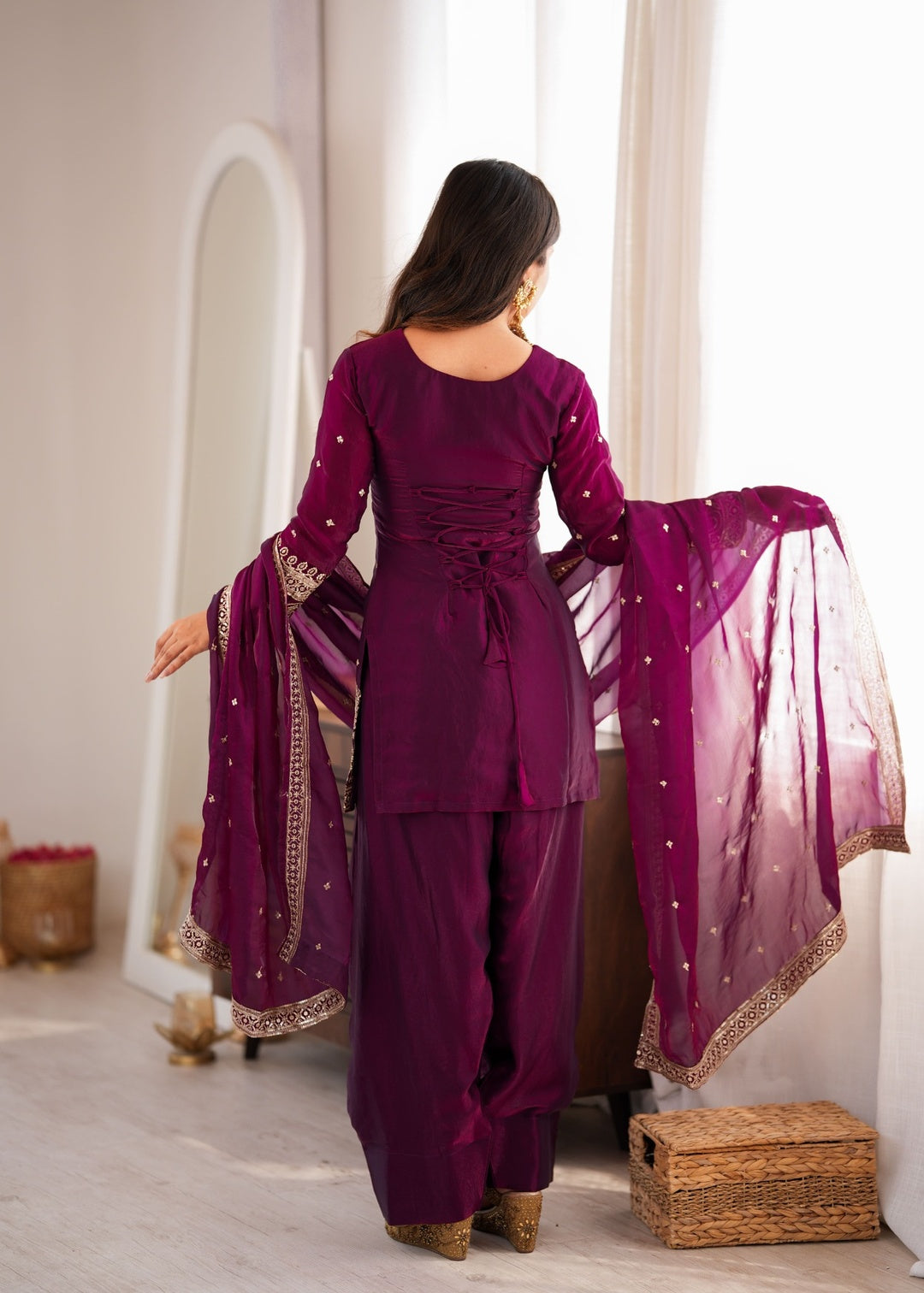 Wine Silk Embroidered Kurta Palazzo Set with Dupatta
