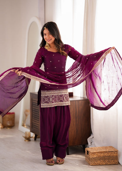 Wine Silk Embroidered Kurta Palazzo Set with Dupatta