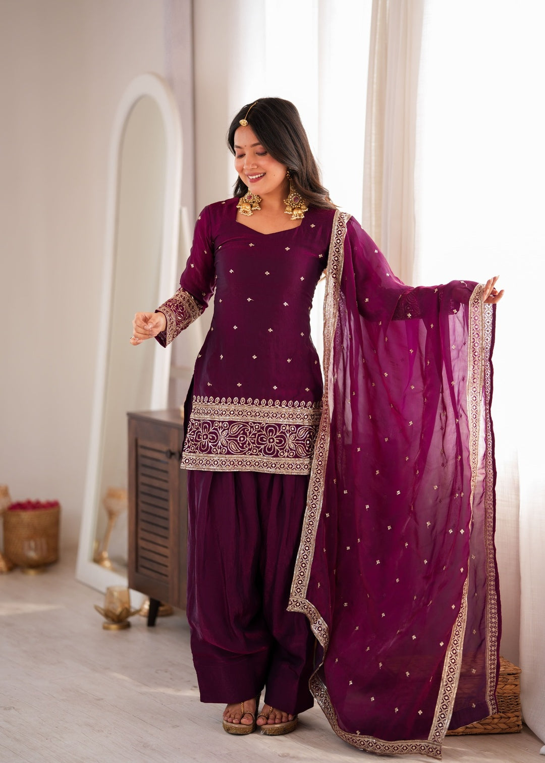 Wine Silk Embroidered Kurta Palazzo Set with Dupatta