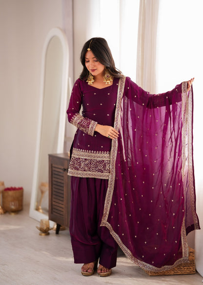 Wine Silk Embroidered Kurta Palazzo Set with Dupatta
