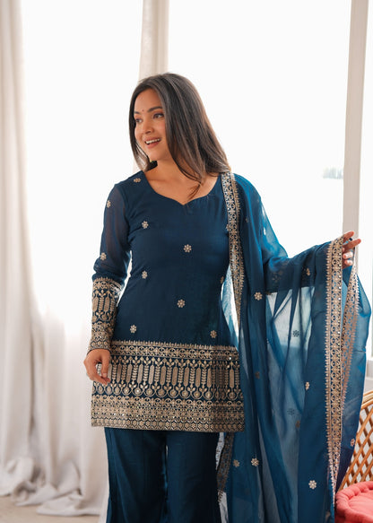 Teal Blue Embroidered Kurta Palazzo Set with Dupatta